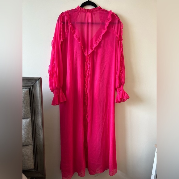 H&M Modest Chiffon Maxi Dress Cerise Pink A-Line Long Sleeve Ruffles XS - Picture 13 of 13